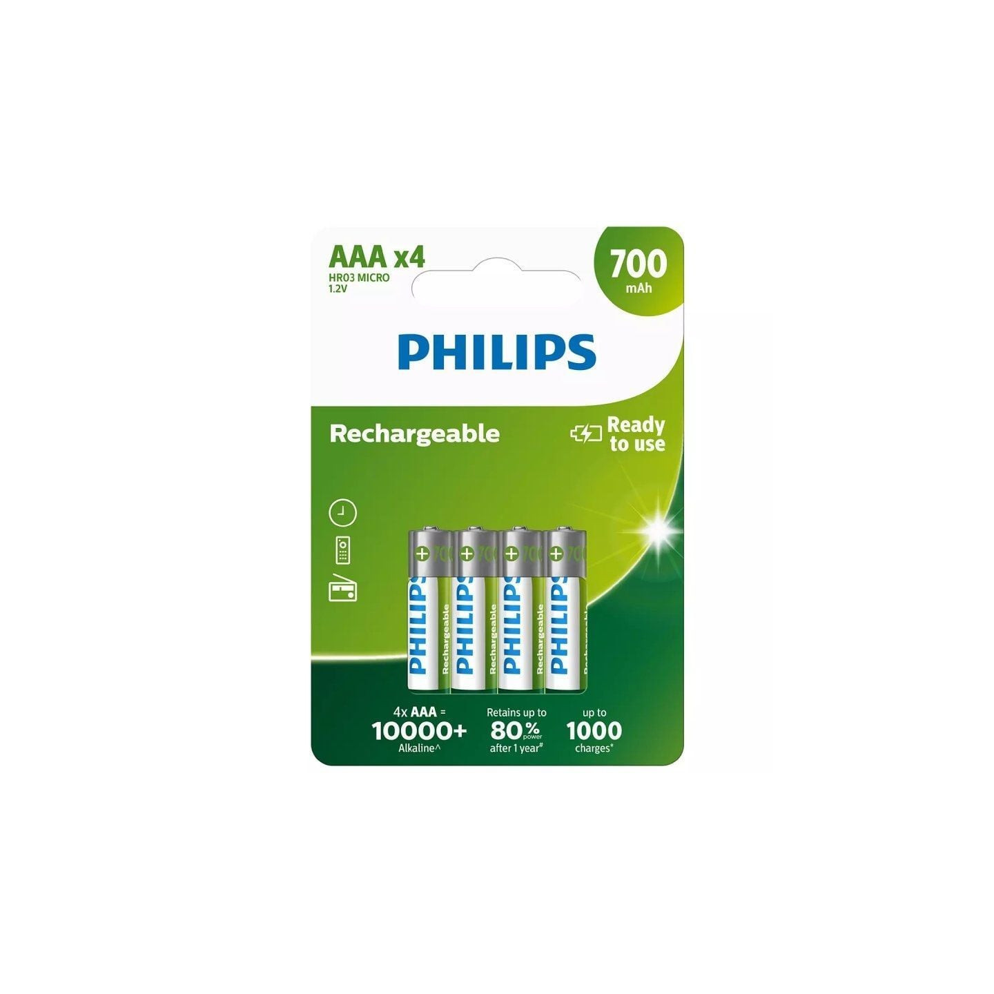 Pack de 4 pilas aaa philips r03b4a70/10/ 1.2v/ recargables