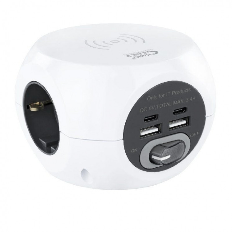 Regleta nanocable 10.37.0002 con carga inalámbrica/ 3 tomas de corriente/ 2 usb a - 2 usb tipo c/ cable 1.4m/ blanca