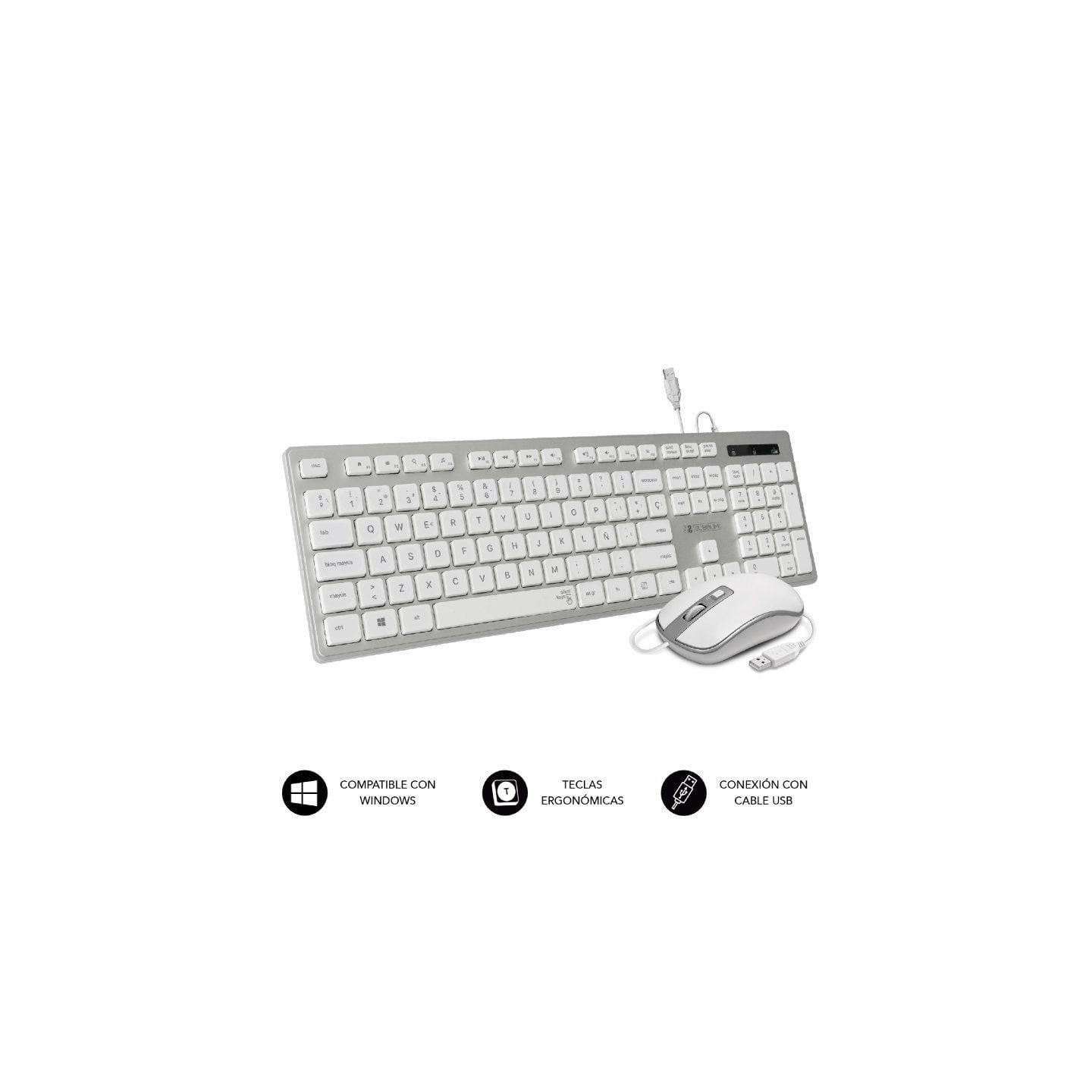 Teclado y ratón subblim combo wired ergo keys silent flat hq/ plata y blanco