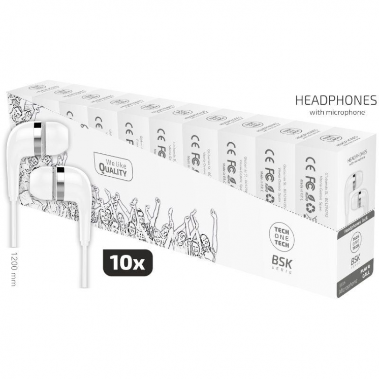 Pack 10 auriculares intrauditivos tech one tec2955/ con micrófono/ jack 3.5/ blancos