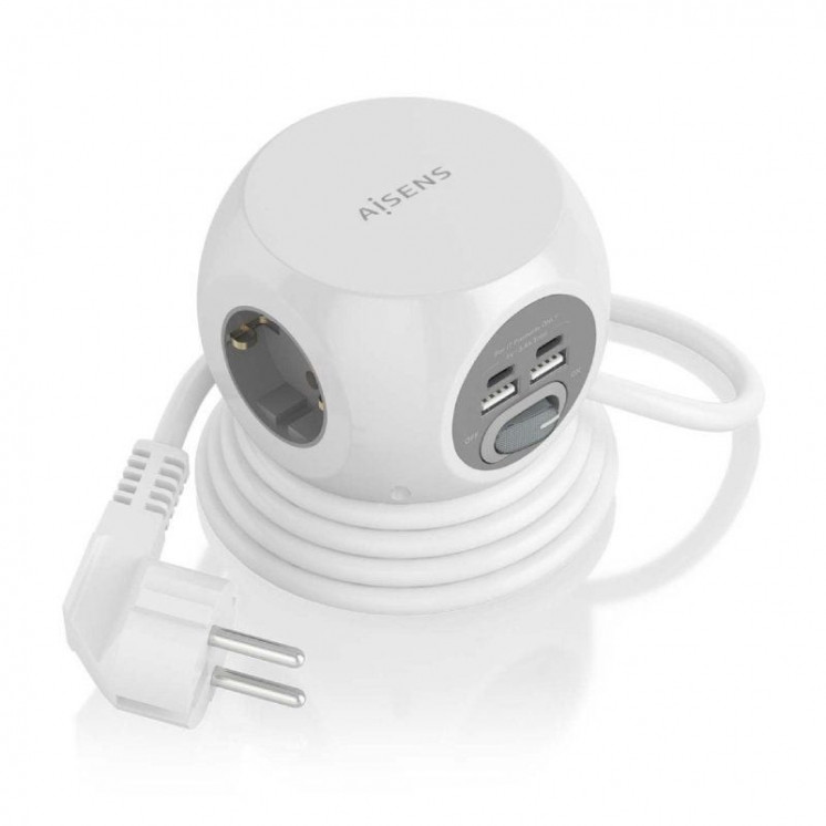 Regleta con interruptor aisens asps-2a2c04-w/ 3 tomas de corriente/ 2 usb tipo-c/ 2 usb/ cable 1.4m/ blanco