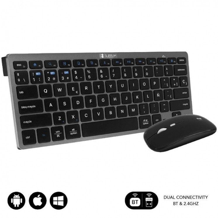 Teclado y ratón inalámbrico subblim oco020 combo multidispositivo compacto/ gris