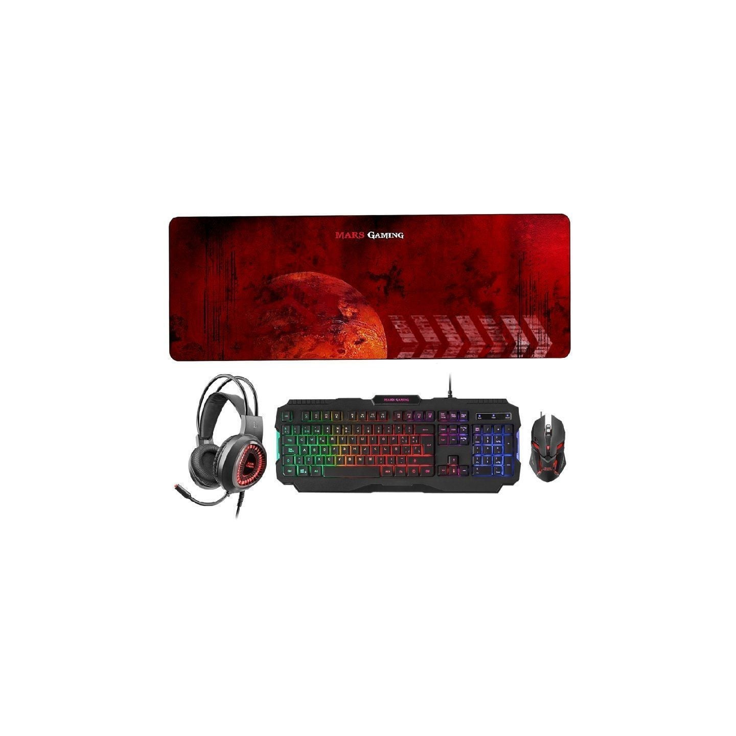 Pack Gaming Mars Gaming MCPRGB2/ Teclado RGB + Ratón Óptico + Alfombrilla XXL + Auriculares