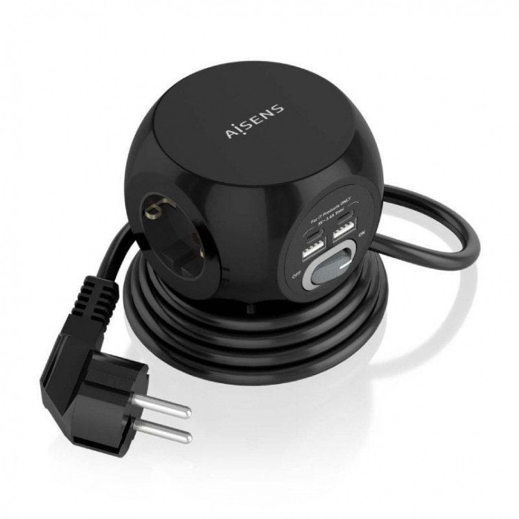 Regleta con interruptor aisens asps-2a2c05-bk/ 3 tomas de corriente/ 2 usb tipo-c/ 2 usb/ cable 1.4m/ negro