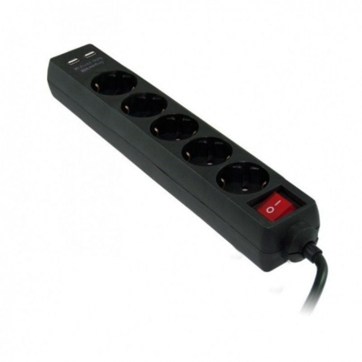 Regleta con interruptor 3go reg5usb/ 5 tomas de corriente/ 2 usb/ cable 1.5m/ negra