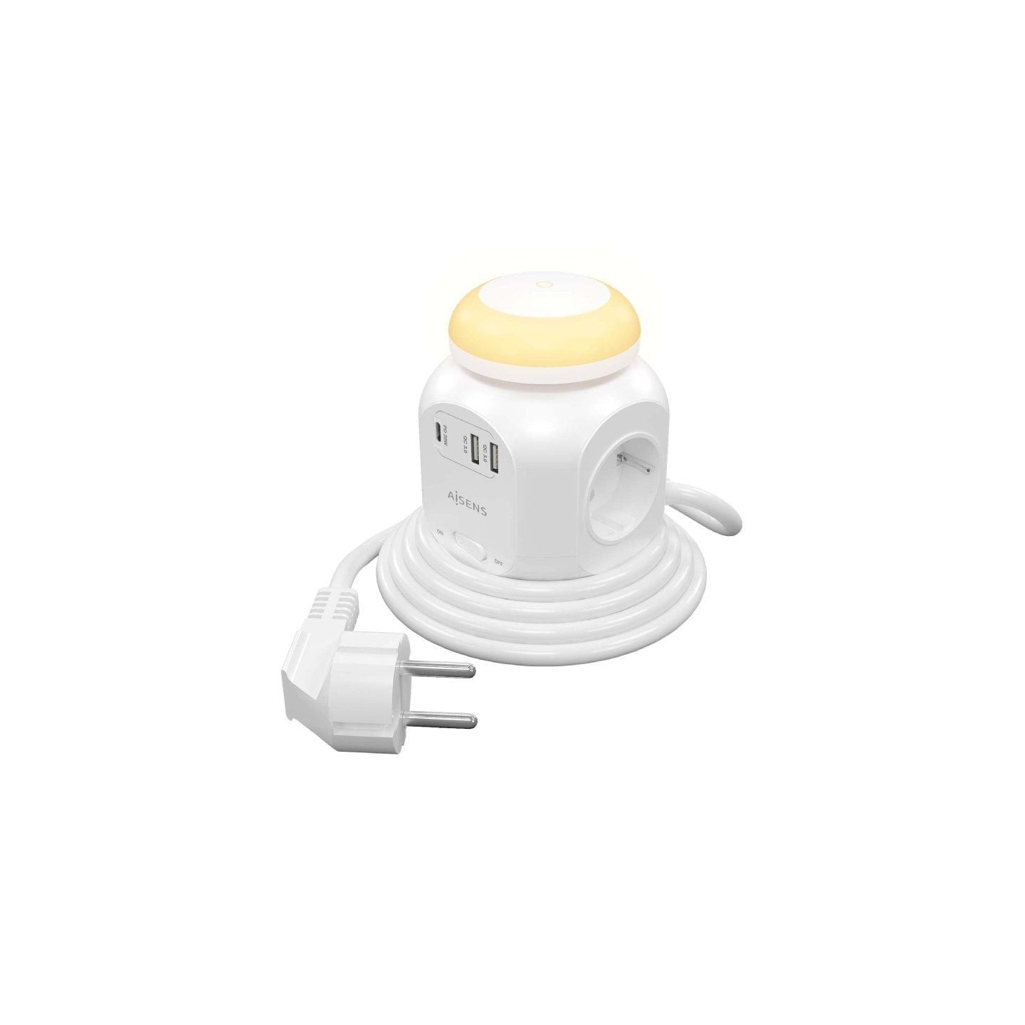 Regleta con interruptor y luz nocturna aisens asps-2a1clpq02-w/ 4 tomas de corriente/ 1 usb tipo-c pd/ 2 usb/ cable 1.8m/ blanco