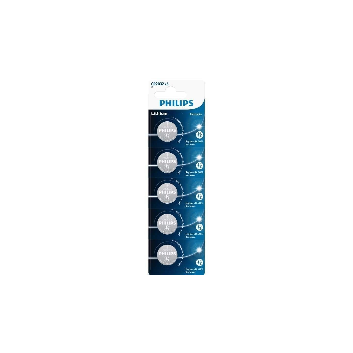 Pack de 5 pilas de botón philips cr2032p5/01b lithium/ 3v