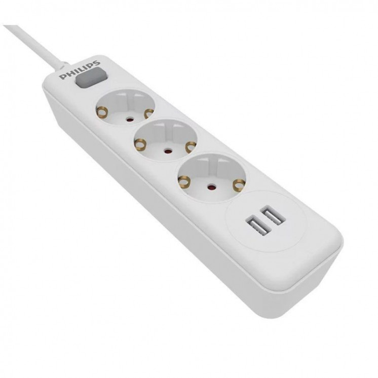 Regleta con interruptor philips spn3032wa/10/ 3 tomas de corriente/ 2 usb/ cable 2m/ blanca