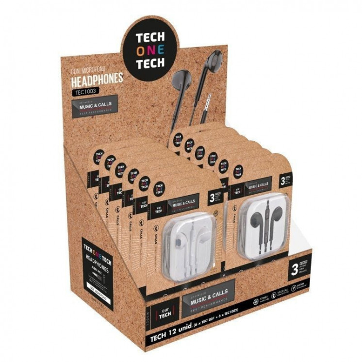 Expositor de auriculares tech one tech eartech tec1003 / con micrófono/ jack 3.5/ incluye 6 auriculares blancos y 6 auriculares