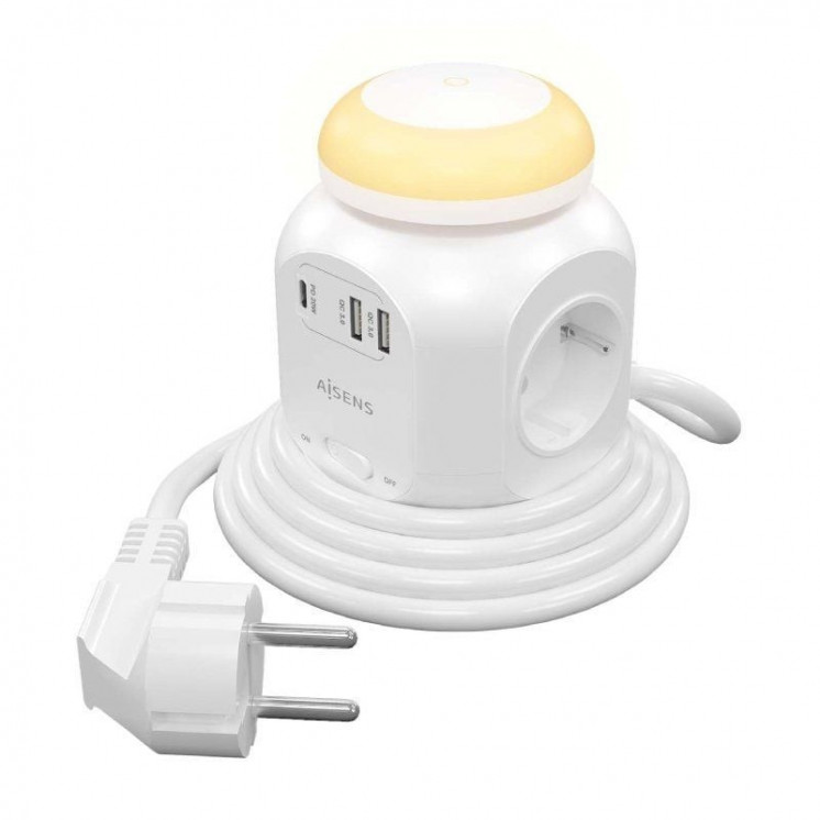 Regleta con interruptor y luz nocturna aisens asps-2a1clpq02-w/ 4 tomas de corriente/ 1 usb tipo-c pd/ 2 usb/ cable 1.8m/ blanco