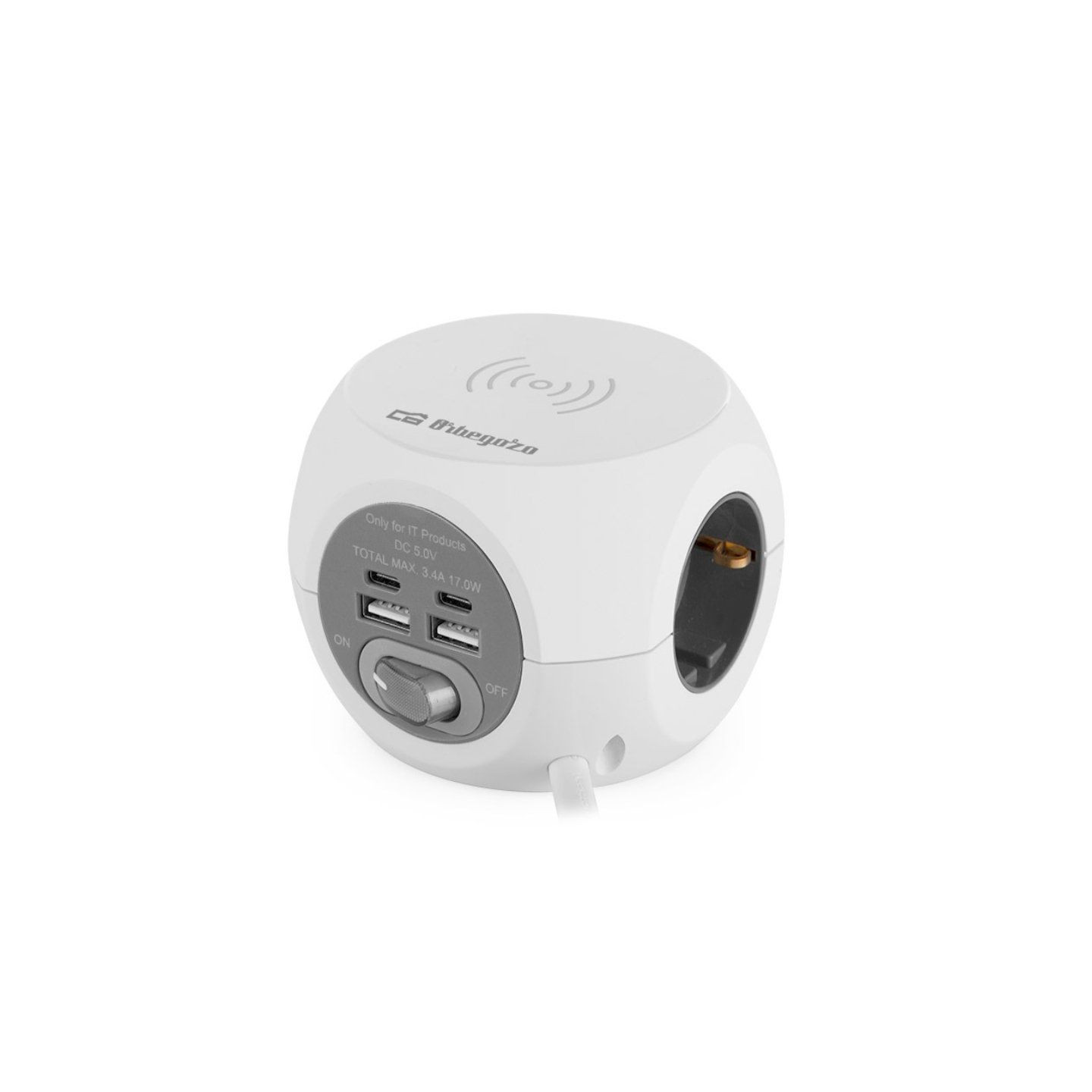 Regleta orbegozo en 4500 con carga inalámbrica/ 3 tomas de corriente/ 2 usb - 2 usb tipo c/ cable 1.5m/ blanca y gris